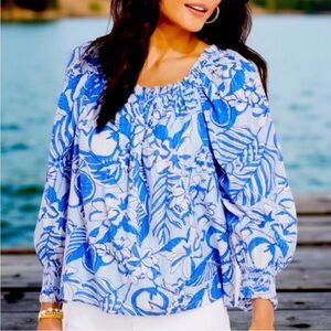 Vineyard Vines Painted Palm Beach Smocked Cotton Blouse On/Off Shoulder Medium